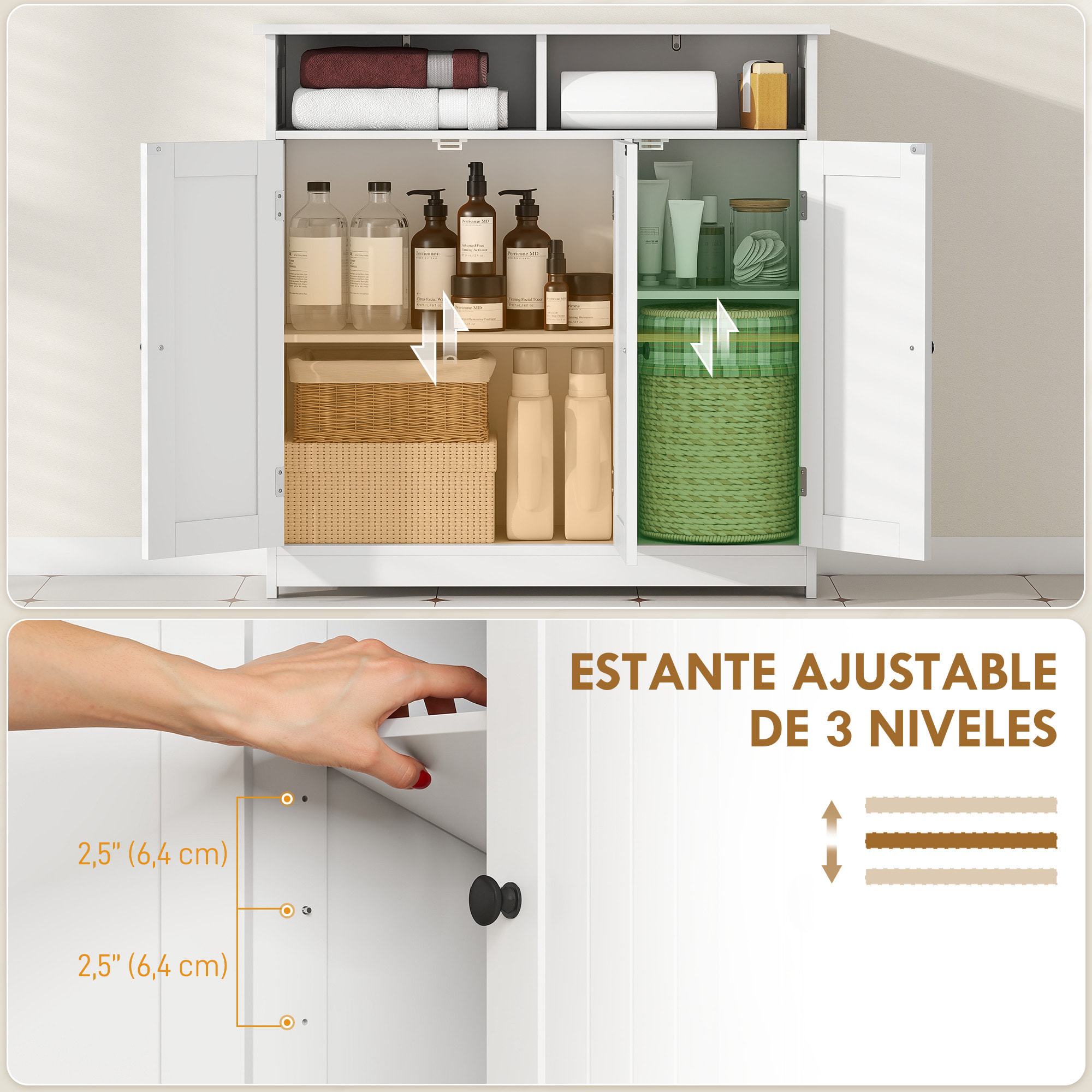 Mueble de Baño, Armario de Baño Estrecho con 3 Puertas, 2 Compartimentos Abiertos, Estante Ajustable, para Sala de Estar, Cocina, 85x30x85 cm, Blanco