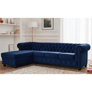 William - canapé Chesterfield d'angle gauche - 4 places - en velours - Bleu nuit