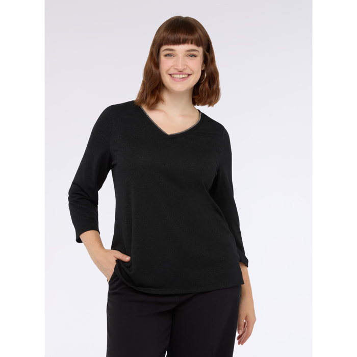 Fiorella Rubino - T-shirt in jersey lurex con scollo a V - Nero