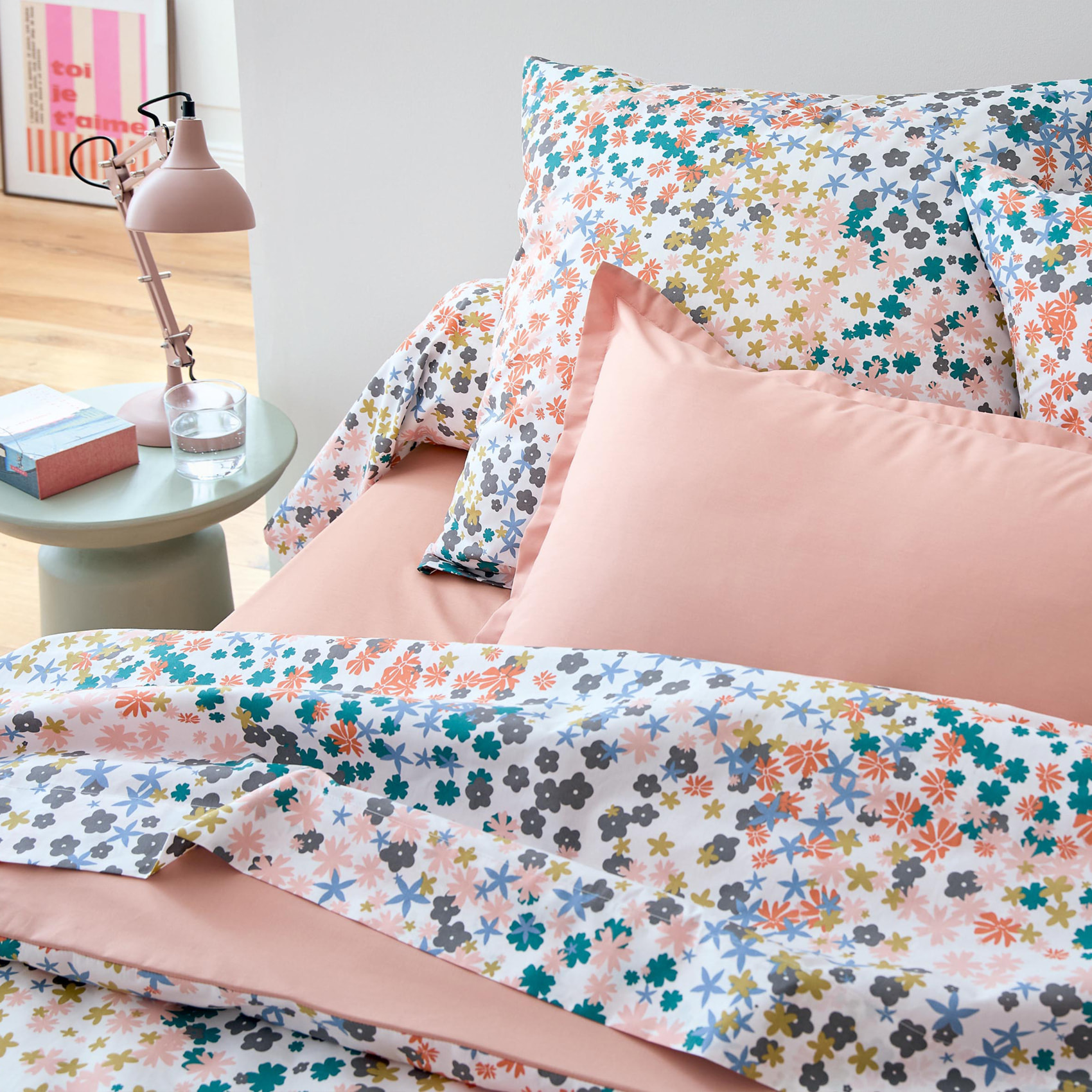 Drap plat percale de coton 80 fils motif floral - Rose