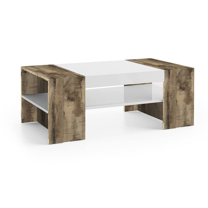 Tavolino da salotto Ashar, Tavolo basso da caffè, Mobiletto portariviste, 100% Made in Italy, cm 110x60h40, Bianco lucido e Acero