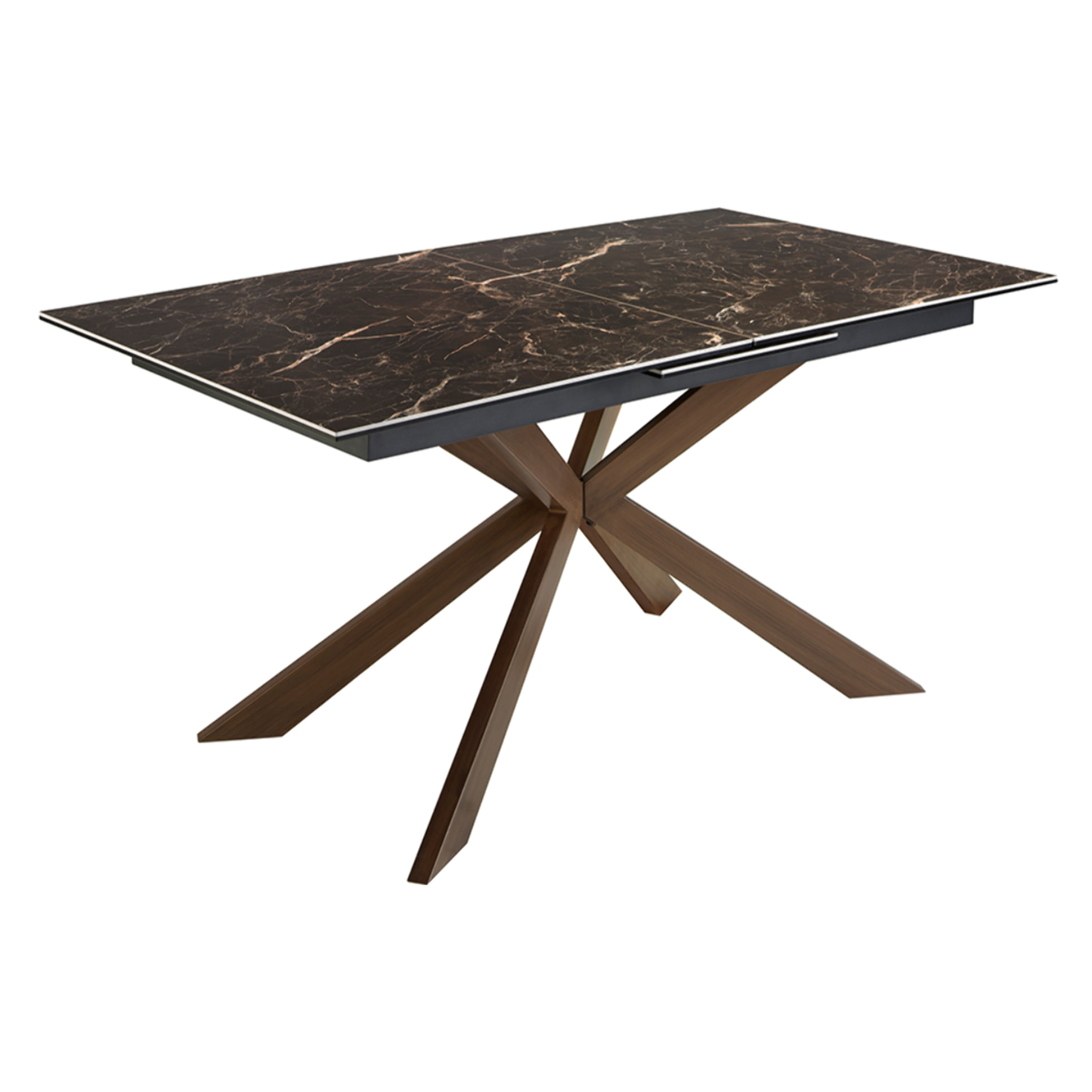 Mesa comedor extensible rectangular con tapa de mármol porcelánico en marrón con vetas crema en brillo 160x90x76cm