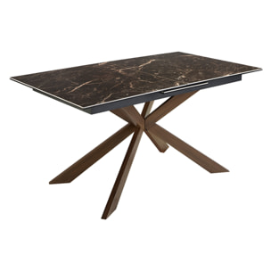 Mesa comedor extensible rectangular con tapa de mármol porcelánico en marrón con vetas crema en brillo 160x90x76cm