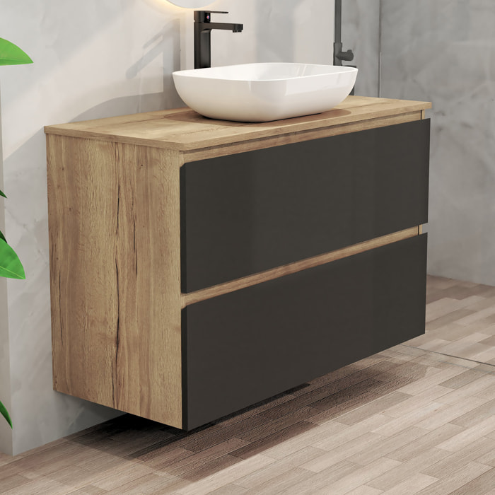 Conjunto de Baño Nia | Mueble Suspendido | 100 cm Negro | Dos Cajones | Lavabo Sobrepuesto | No incluye Espejo | Mueble Montado| Alday