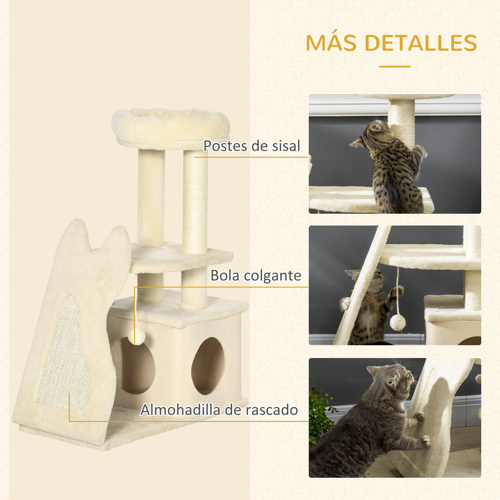 Árbol Rascador para Gatos Altura 83 cm con Cama Cueva Plataforma Bola Colgante