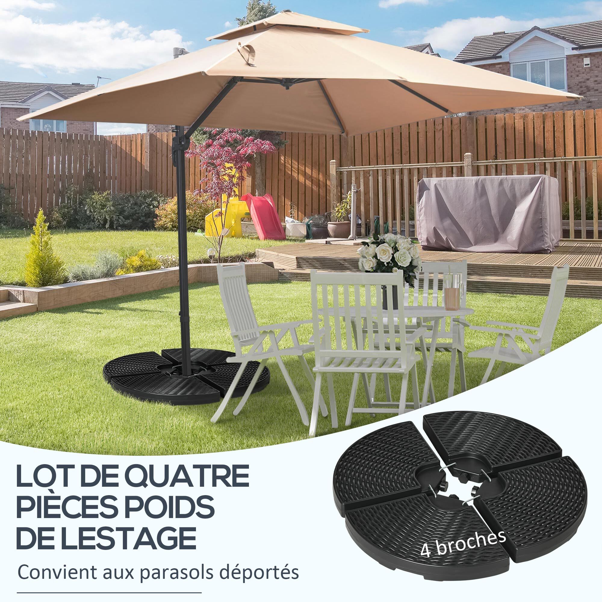 Pied de parasol lot de 4 dalles pour parasol à lester dim. tot. 100L x 100l x 8H cm HDPE aspect rotin noir