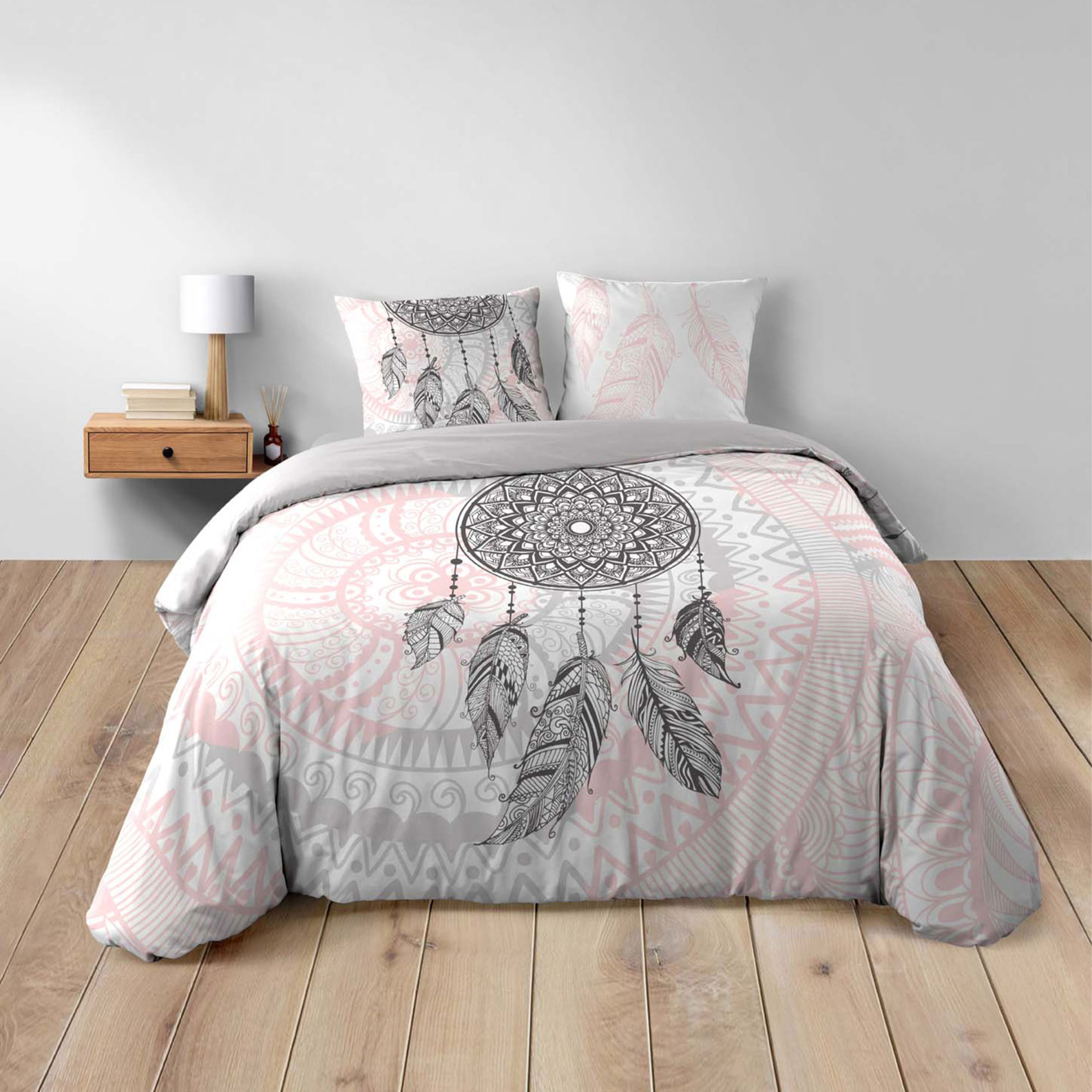 Parure de lit 3 pièces coton motif attrape-rêves housse + taies - Rose