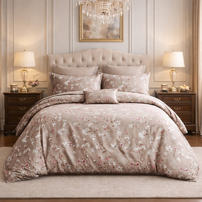 Parure housse de couette 100% percale de coton - motif floral rose