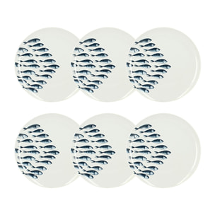 Lot de 6 assiettes plates motif marin en porcelaine 26,5cm PESCARE