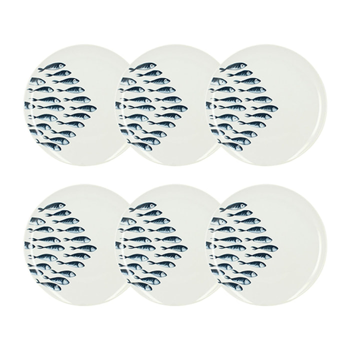 Lot de 6 assiettes plates motif marin en porcelaine 26,5cm PESCARE