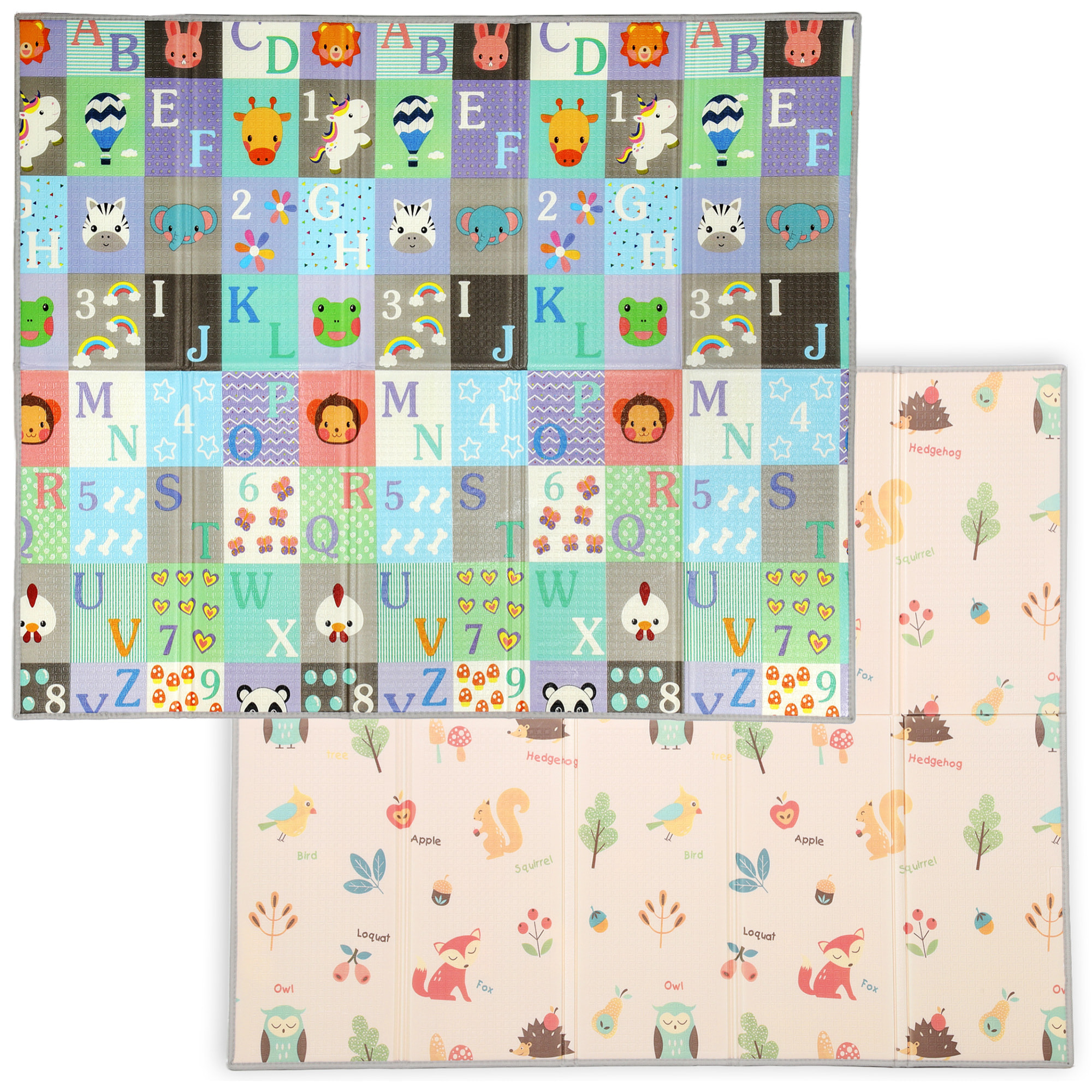Tapis de jeu bébé pliable réversible motif animaux forêt et chiffres lettres 180 x 150 x 1 cm