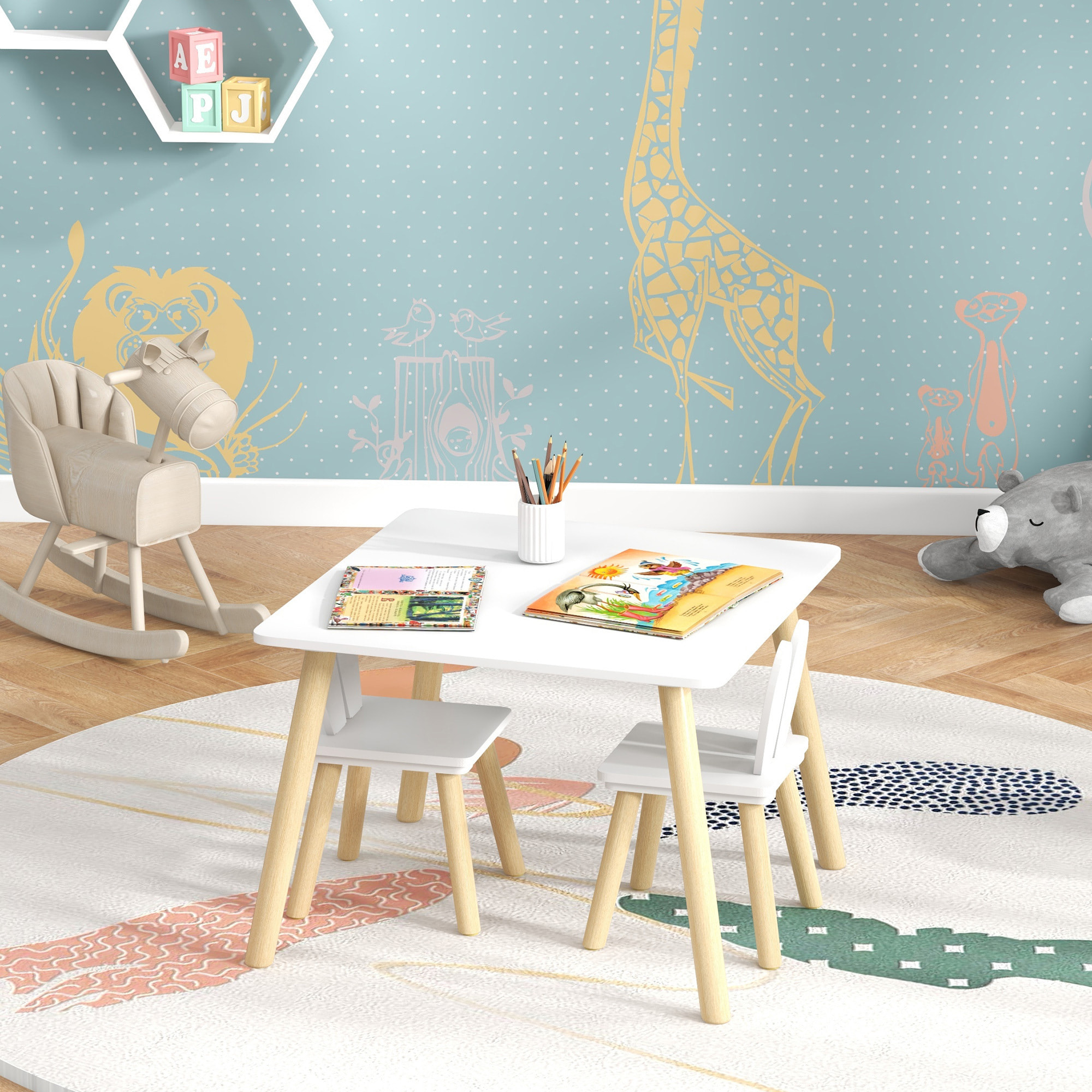 Ensemble table chaises enfant design lapin scandinave bois pin MDF blanc