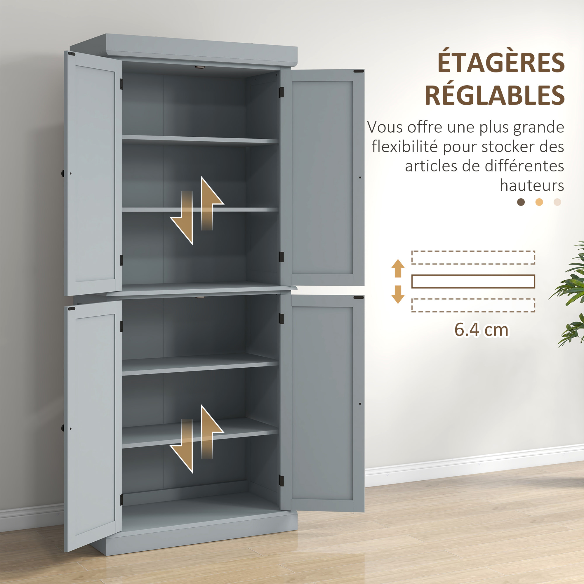 Buffet haut - armoire de cuisine - dim. 76 x 40,5 x 184 cm - 2 portes, 4 étagères - gris