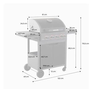 Barbecue au gaz Edmond noir. 4 brûleurs + 1 feu latéral. avec thermomètre. L 122x P62 x H143 cm