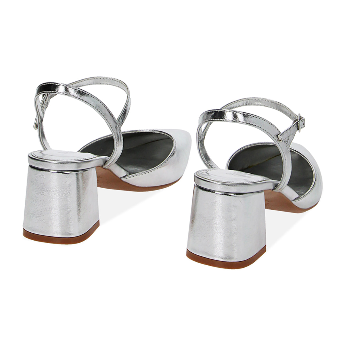 Décolleté slingback argento laminate, tacco 6 cm
