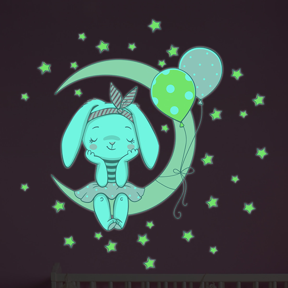 Sticker phosphorescent lumineux - LAPIN ASSIS SUR LA LUNE ET 30 ÉTOILES