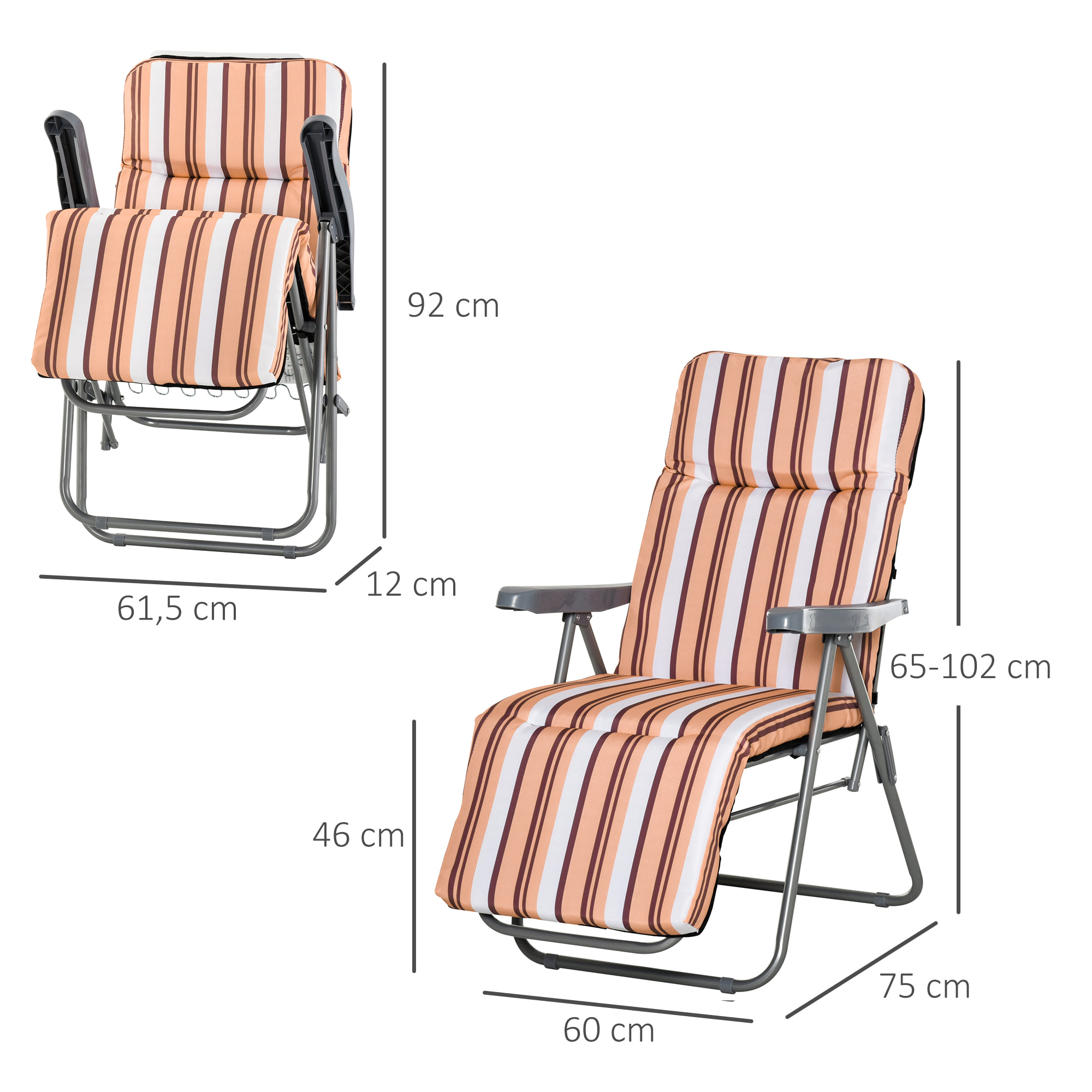 2 Tumbonas Plegables de Jardín Sillas de Gravedad Cero de Acero con Cojín Acolchado Respaldo Ajustable en 5 Posiciones y Reposapiés 60x75x65-102 cm Rayas Naranja