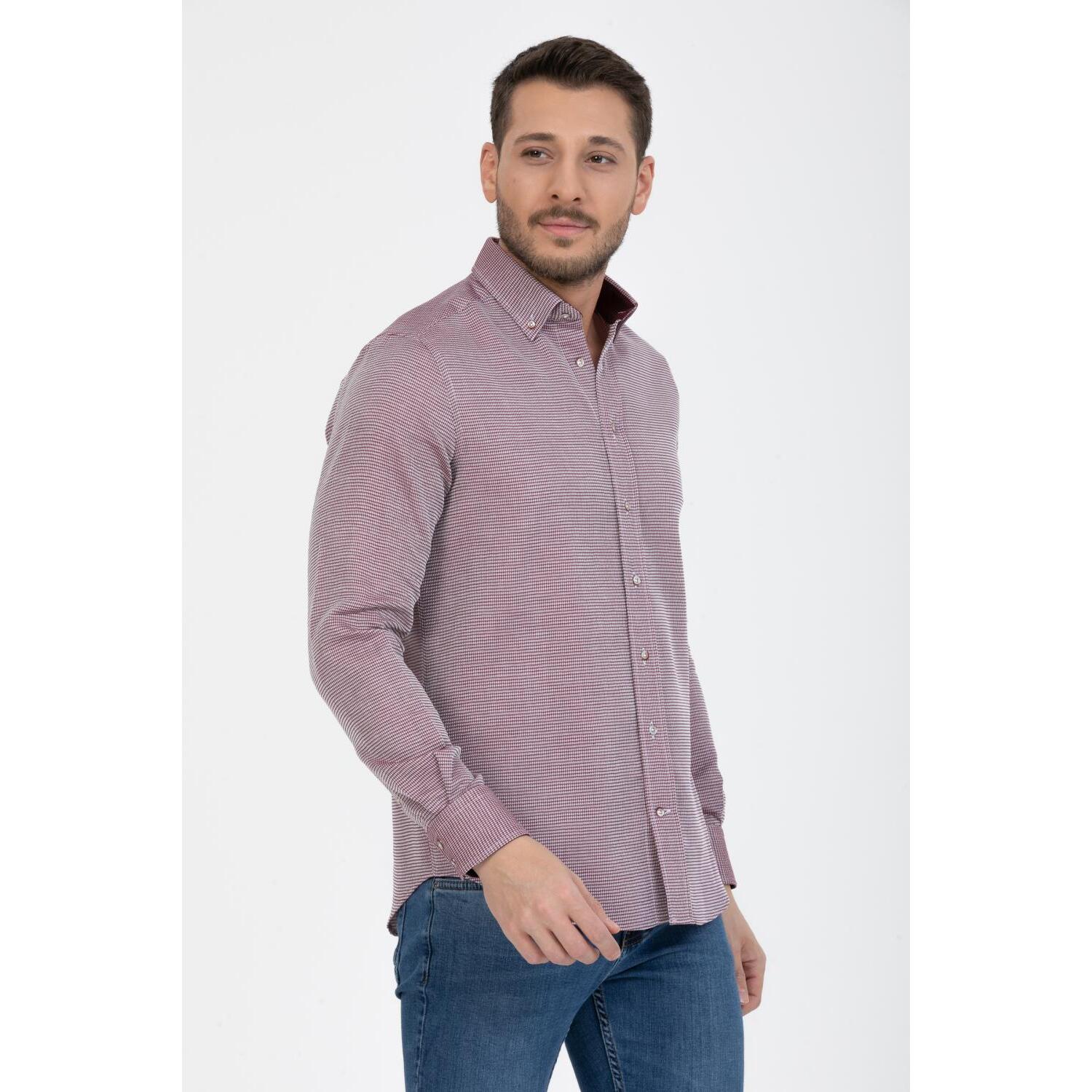 Camicia Uomo 1 Bottoni Button Down Slim Armaturato Fantasia Rosso Bordeaux/Bianco