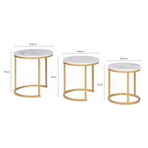 Tables basses rondes gigognes Glam - lot de 3 - Marbre blanc - doré