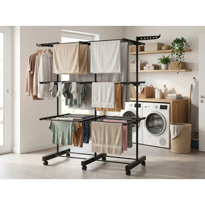 Séchoir à linge extensible étendoir multifonction 38M EXTRA PLUS BLACK avec 3 niveaux Noir