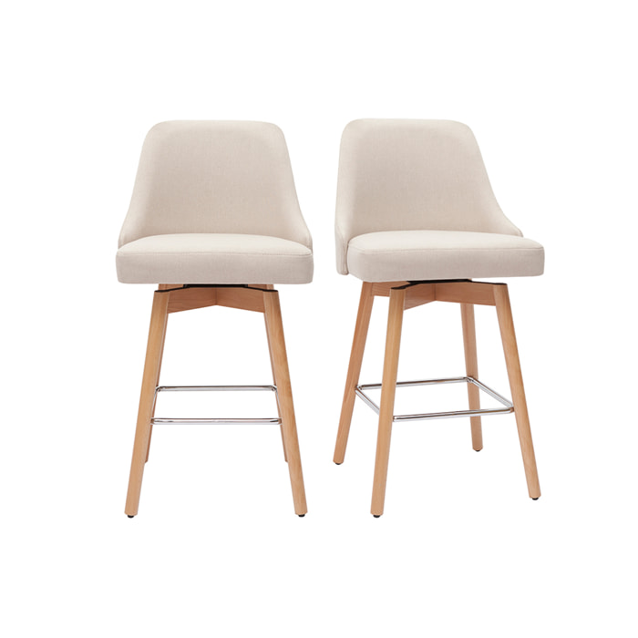 Tabourets de bar scandinaves pivotants 360° en tissu beige et bois hêtre massif H65 cm (lot de 2) HASTA