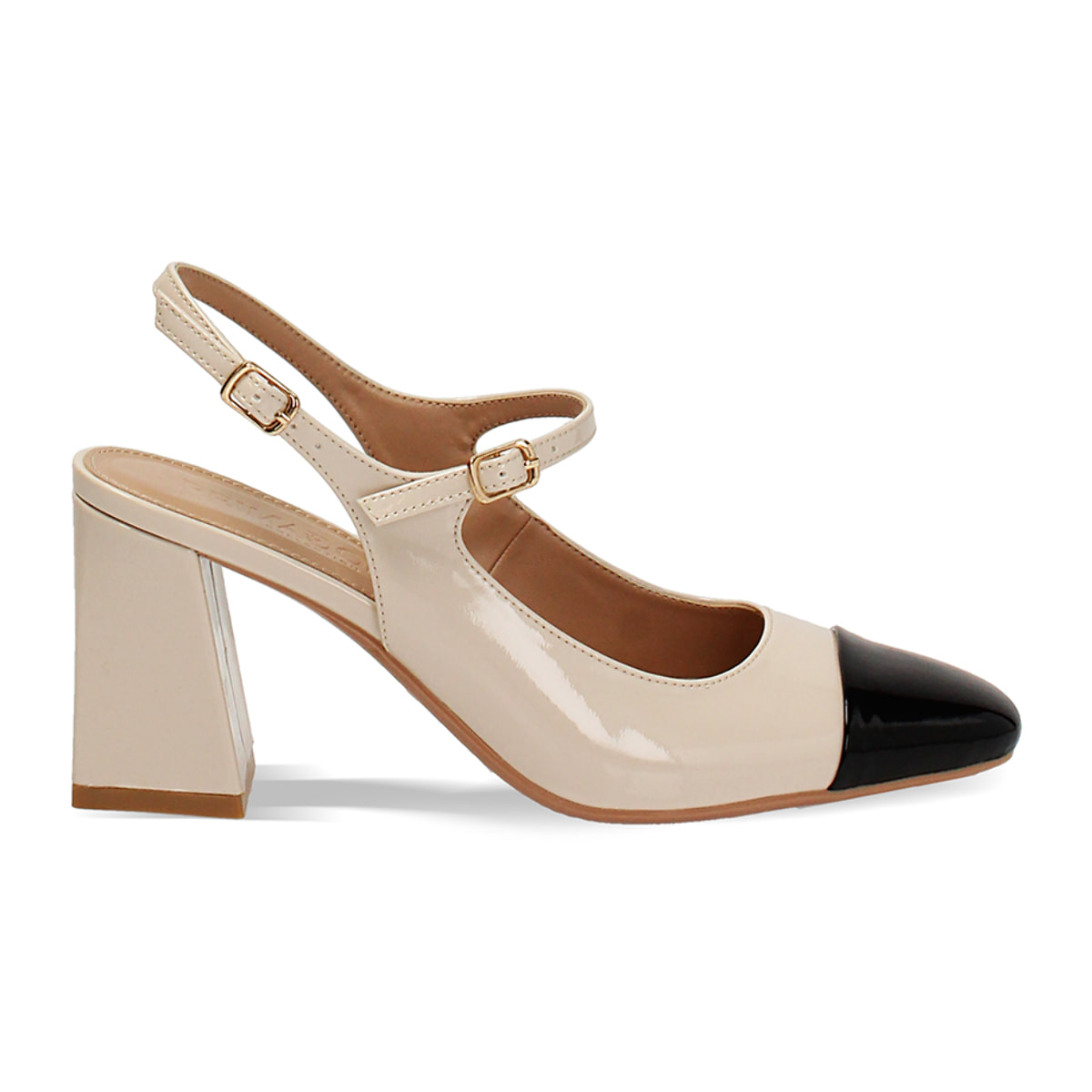 Décolleté slingback donna beige-nere in vernice, tacco largo 7,5 cm