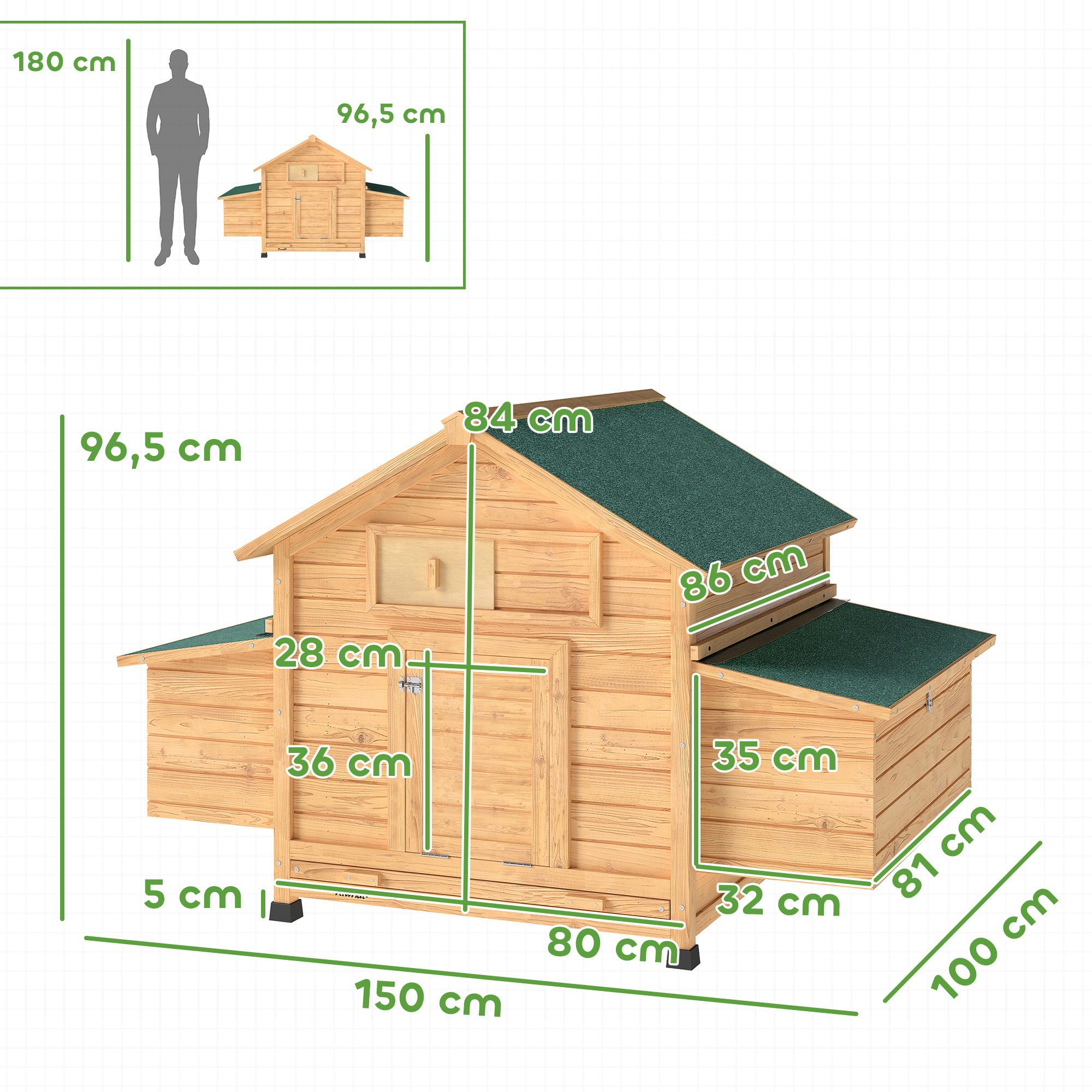 Gallinero de Madera para Exterior, Caseta para Gallinas con 2 Nidos, Bandeja Extraíble, Perchas, Techo Impermeable, Casa para 2-4 Gallinas y Conejos, 150x100x96,5 cm, Amarillo