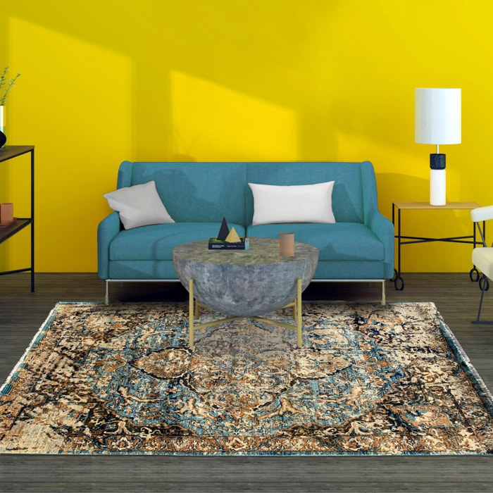 Petit tapis motif Oriental- vintage dans les teintes bleu et or