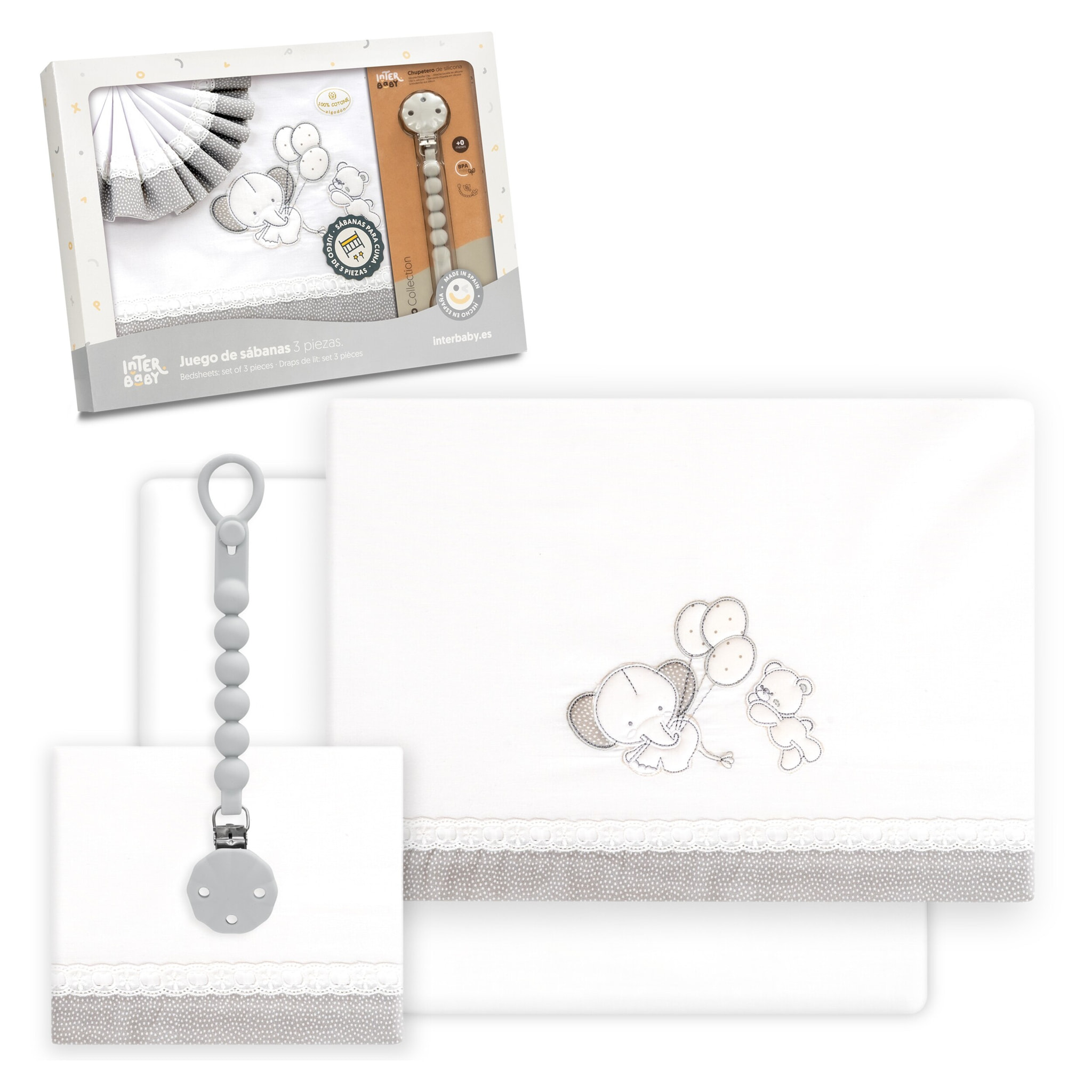 Triptico Cuna Pasacinta Oso Elefante Globos +Broche Bco/Gris