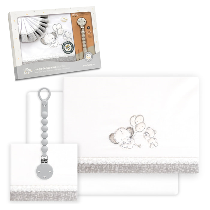 Triptico Cuna Pasacinta Oso Elefante Globos +Broche Bco/Gris