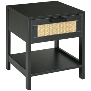 Table de chevet tiroir et étagère cannage en rotin dim. 40L x 40l x 48H cm MDF aspect bois noir