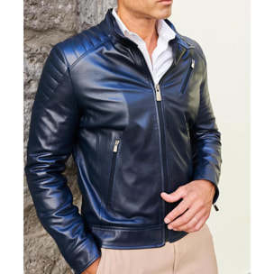 Giacca moto in pelle blu biker trapuntato spalle effetto liscio