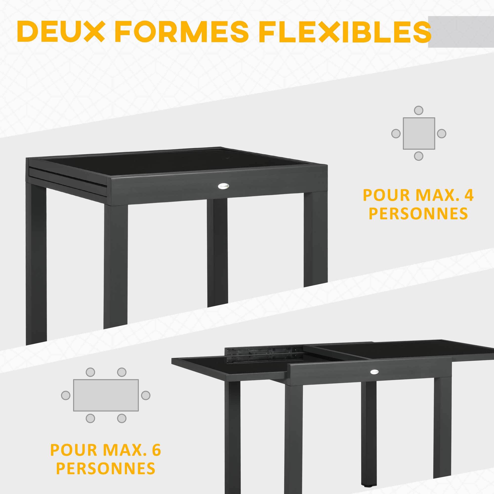 Table extensible de jardin grande taille dim. dépliées 160L x 80l x 75H cm alu métal époxy anthracite plateau verre trempé noir