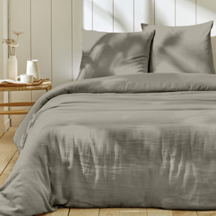 Parure housse de couette 3pcs unie 100% gaze de coton - gris galet