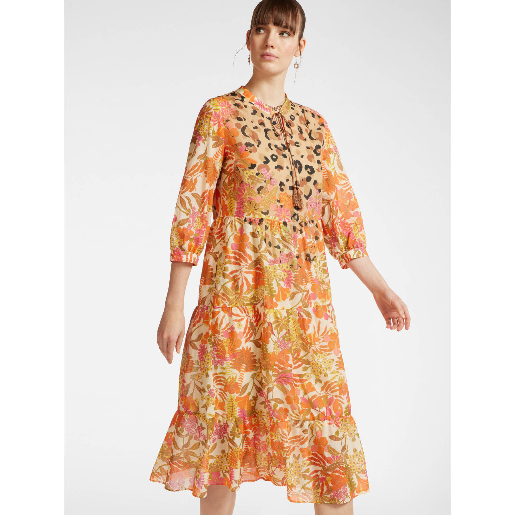 Elena Mirò - Vestido estampado con volantes - Naranja sol