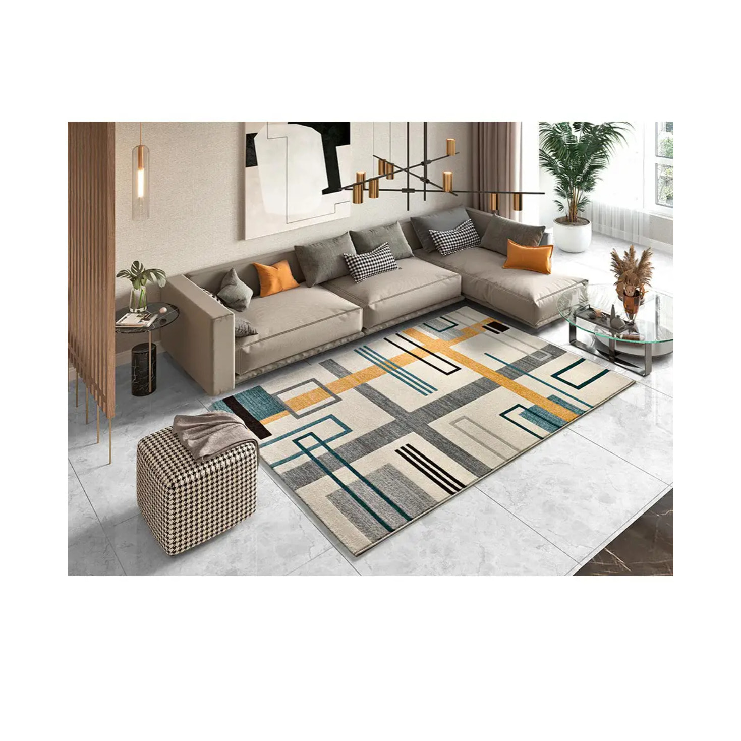 DEBBI Alfombra geométrica en gris con tonos mostaza y azules, varias medidas disponibles