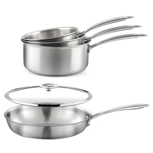 Gourmet – Lot de 3 casseroles inox 16/18/20 cm, 1 poêle inox 24 cm, 1 couvercle 24 cm