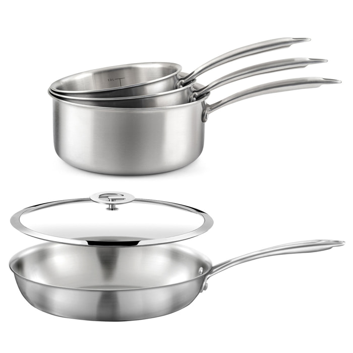 Gourmet – Lot de 3 casseroles inox 16/18/20 cm, 1 poêle inox 24 cm, 1 couvercle 24 cm