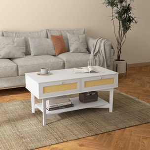 Mesa de Centro Blanca Mesa Baja con 2 Cajones Decorativos de Ratán y Estante de Almacenamiento para Sala de Estar Carga 50 kg 100x50x50 cm