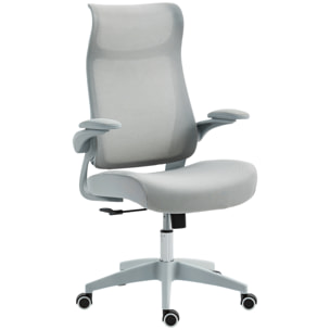 Silla de Oficina Ergonómica Giratoria, con Soporte Lumbar y Reposabrazos 3D Abatibles, Silla de Escritorio de Malla con Reposacabezas Integrado, Función Basculante, Altura Ajustable, Gris