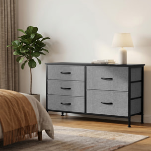 Cómoda con 5 Cajones de Tela, Cómoda para Dormitorio, Marco de Acero, Cajonera para Salón, Oficina, Vestidor, Negro y Gris Oscuro