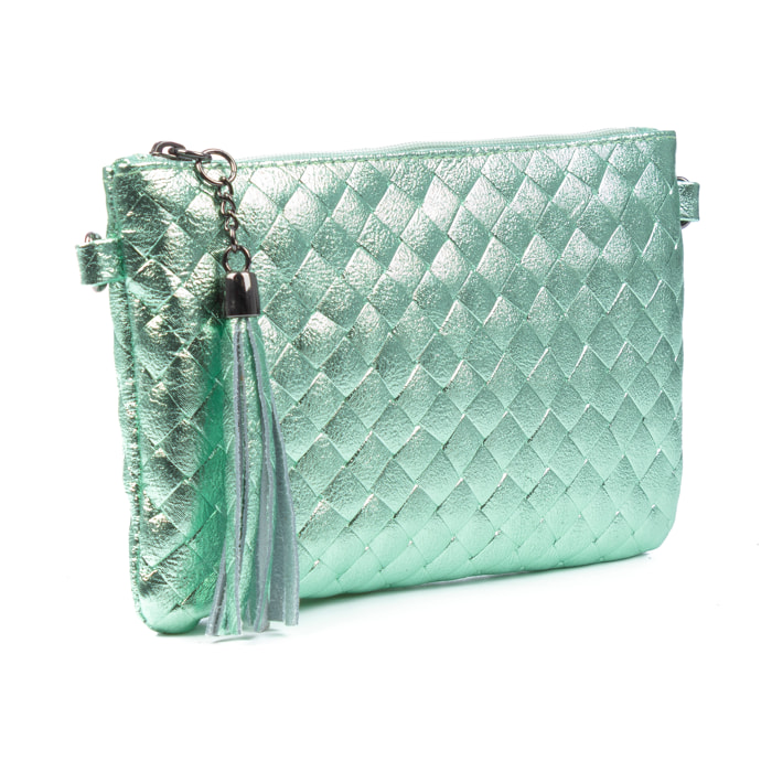 Oleggio bolso bandolera mujer. Piel auténtica Gamuza con grabado entrelazado y lacada brillante.