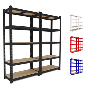 2 Scaffali In Metallo E MDF Scaffale Alta Portata Fino a 875 kg 5 Ripiani Regolabili Garage Officina Cantina Magazzino Modulare 180 x 90 x 40 cm Nero
