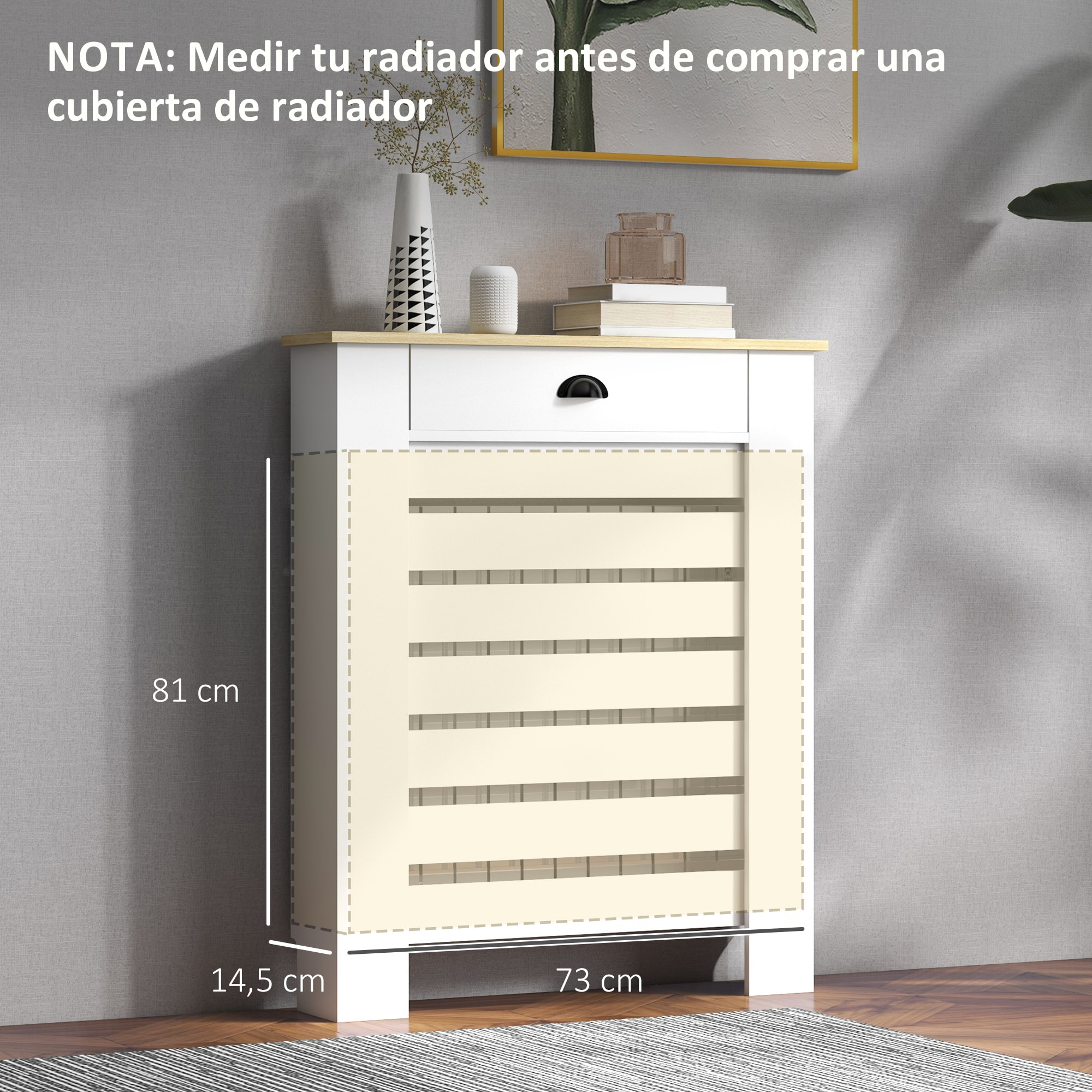 Cubre Radiadores con Cajón, Cubreradiador de MDF, Cubierta para Radiador, Diseño Moderno de Listones, para Salón, Dormitorio, 78x19x95,5 cm, Blanco