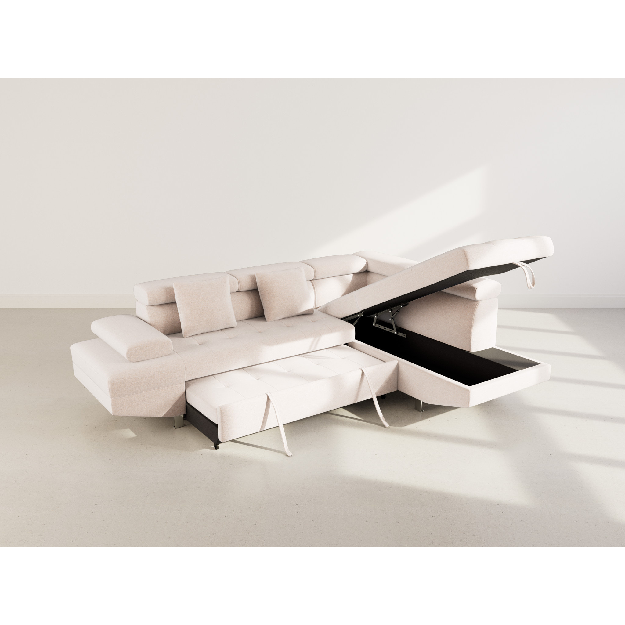 Margaux - Canapé d'angle droit 5 places convertible avec coffre et têtières réglables en velours texturé - Beige