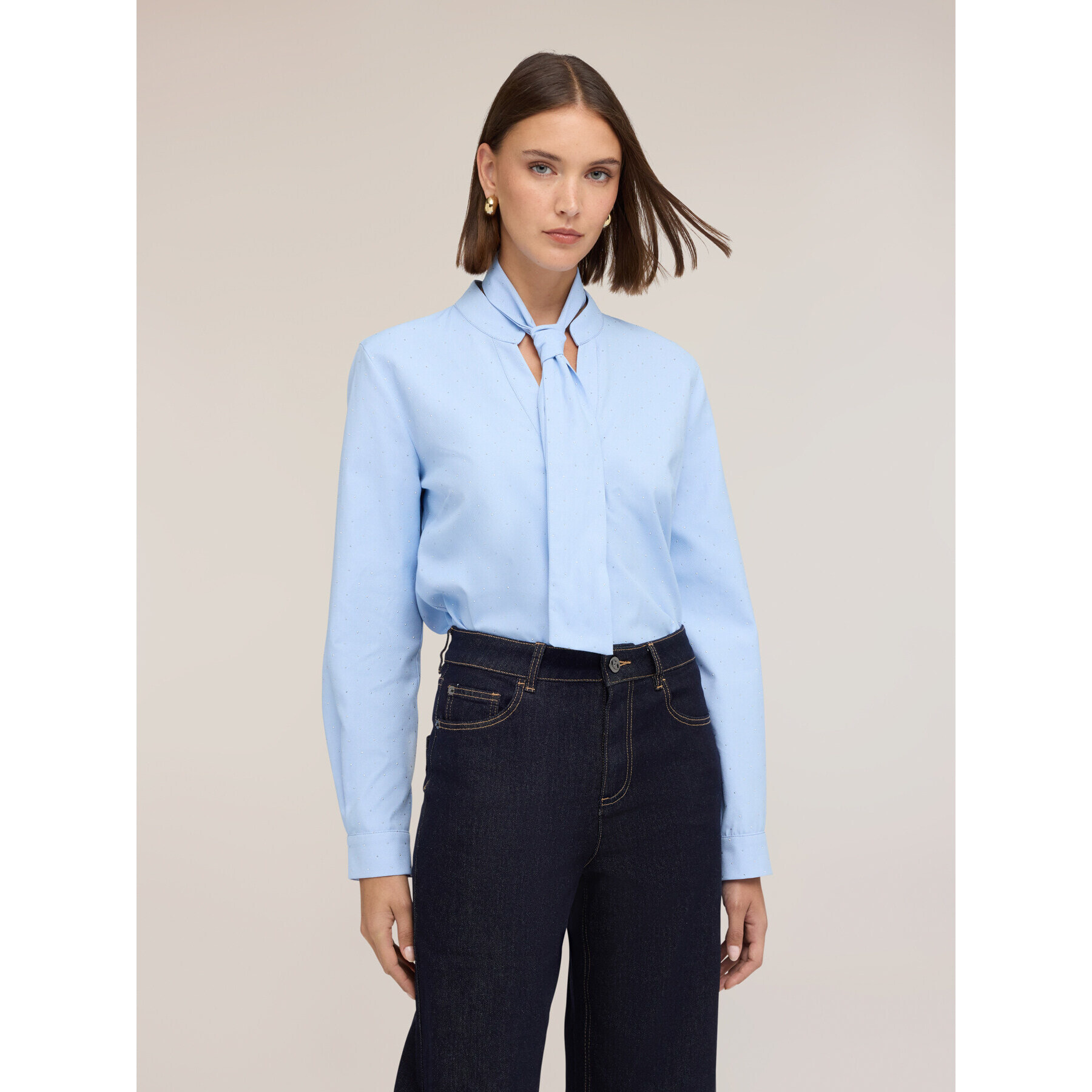 Motivi - Camicia misto cotone con fiocco e micro strass - Azzurro