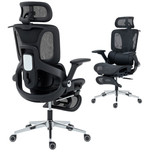 Silla de Escritorio Ergonómica con Reposapiés, Silla de Oficina Giratoria, con Respaldo Reclinable y Alto, Soporte Lumbar, Malla Transpirable, Reposabrazos 4D y Reposacabezas Ajustable, Ruedas