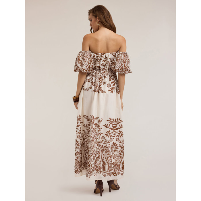 Motivi - Vestido largo off-shoulder estampado - Marrón