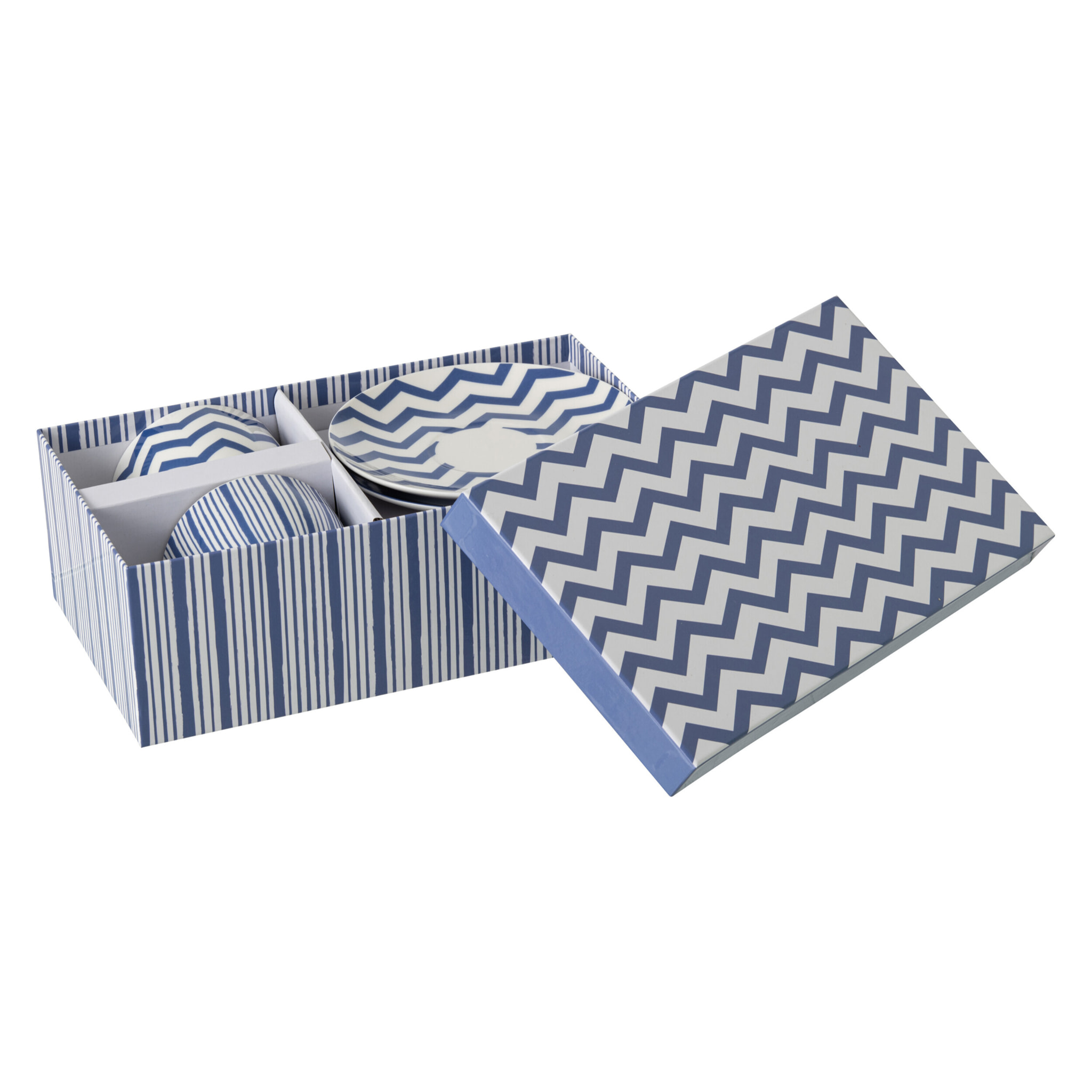 J-Line Tasse + Sous-tasse Ligné - porcelaine - bleu/blanc - large - set de 2