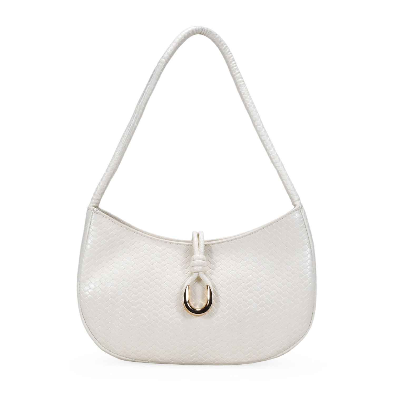 Bolso de hombro beige trenzado con metal